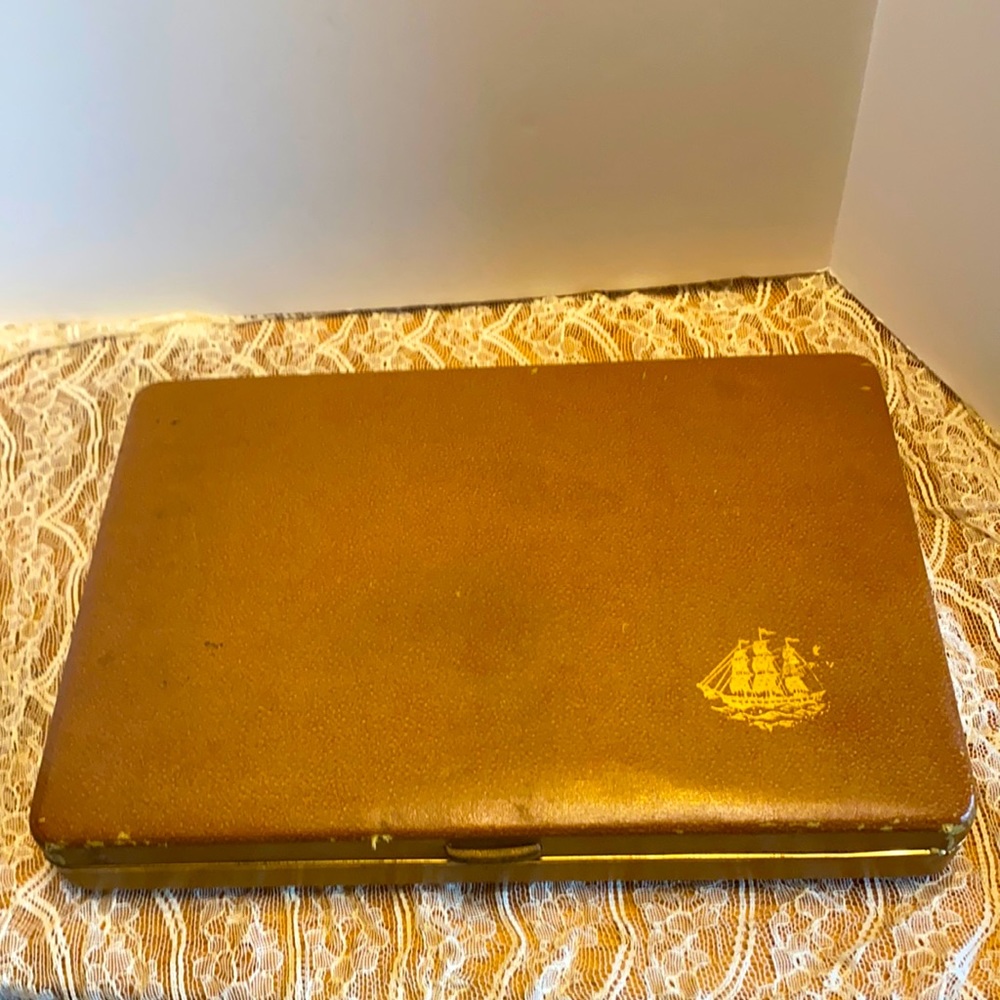 Vintage Mele tan leather look with gold embossed clipper ship valet jewelry box